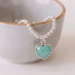 Sterling silver amazonite heart charm bracelet, gemstone stretch bracelet UK