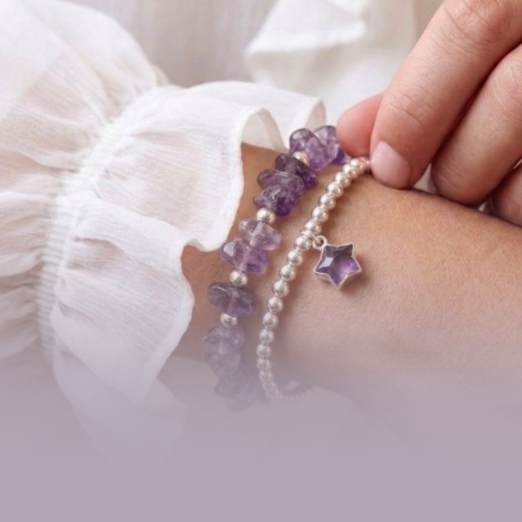 Amethyst gemstone beaded bracelet stack in purple tones, handmade stretch bracelet jewellery UK