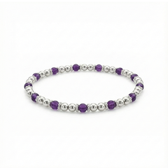 Amethyst and sterling silver bead bracelet with faceted purple gemstones on a stretch design.