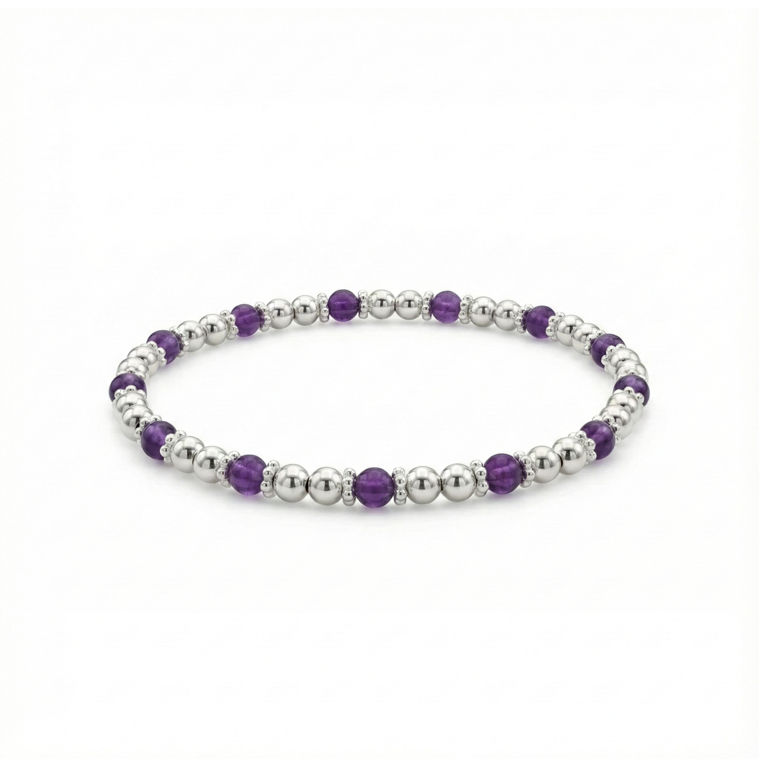 Amethyst and sterling silver bead bracelet with faceted purple gemstones on a stretch design.