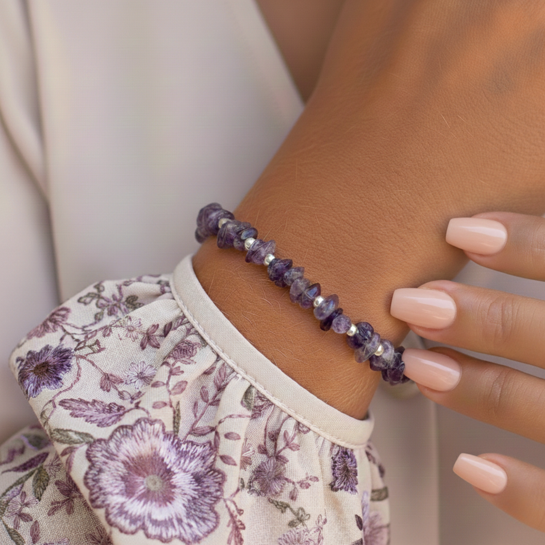 Amethyst bead bracelet in sterling silver, February birthstone jewellery gift symbolising protection and inner strength.