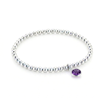 Amethyst February birthstone charm bracelet with silver beads, stretch gemstone jewellery UK