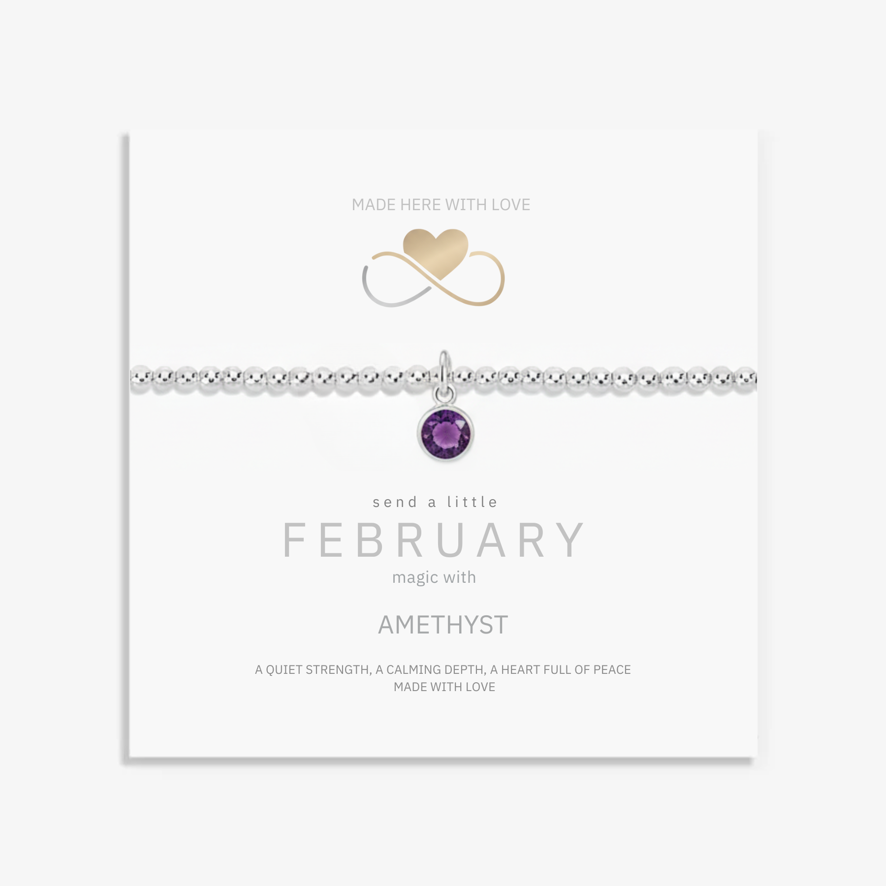 February birthstone bracelet with amethyst charm and sterling silver beads, handmade UK