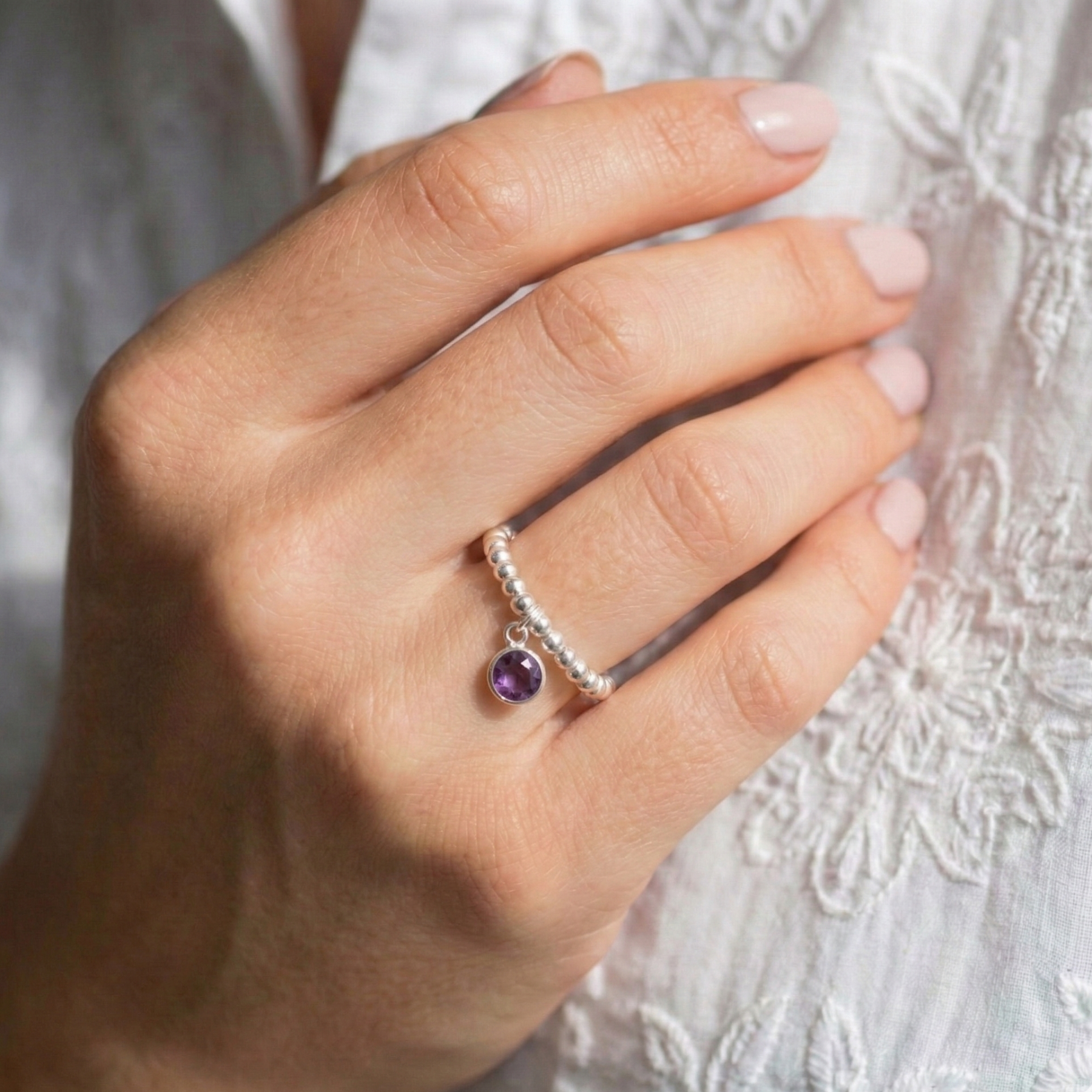 Stretchy amethyst ring with sterling silver beads, February birthstone jewellery UK