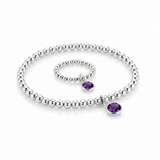 Handmade amethyst birthstone jewellery set featuring matching sterling silver stretch bead bracelet and ring with oval amethyst charm, February birthstone gift by Made Here with Love