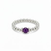 Sterling silver amethyst stretch bead ring, delicate February birthstone jewellery gift.