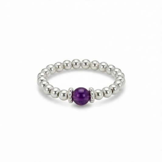 Sterling silver amethyst stretch bead ring, delicate February birthstone jewellery gift.