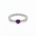 Sterling silver amethyst stretch bead ring, delicate February birthstone jewellery gift.