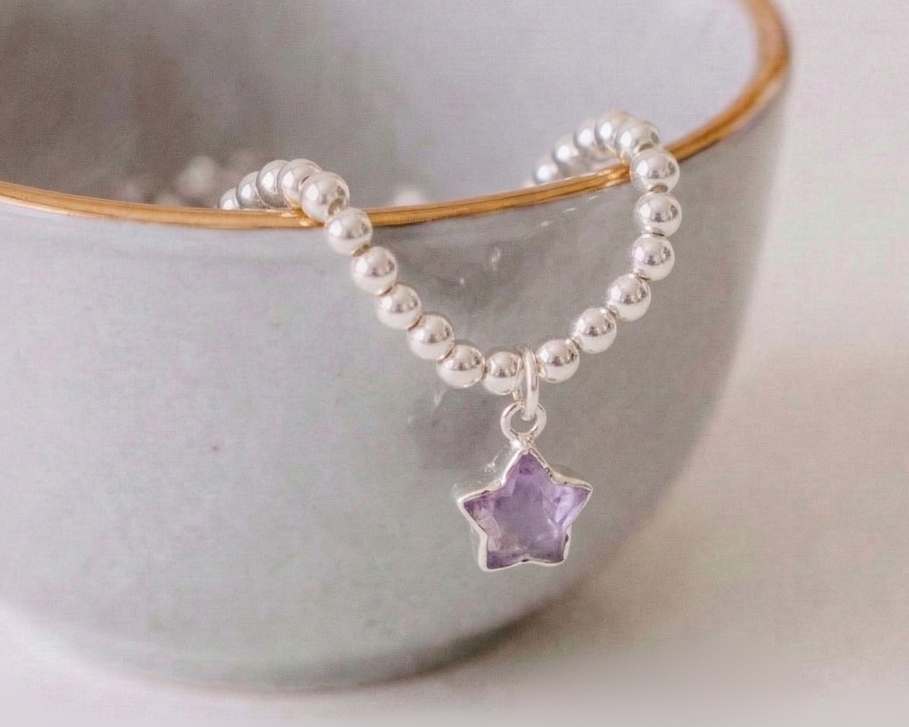 Amethyst star charm bracelet with sterling silver beads, gemstone bracelet UK