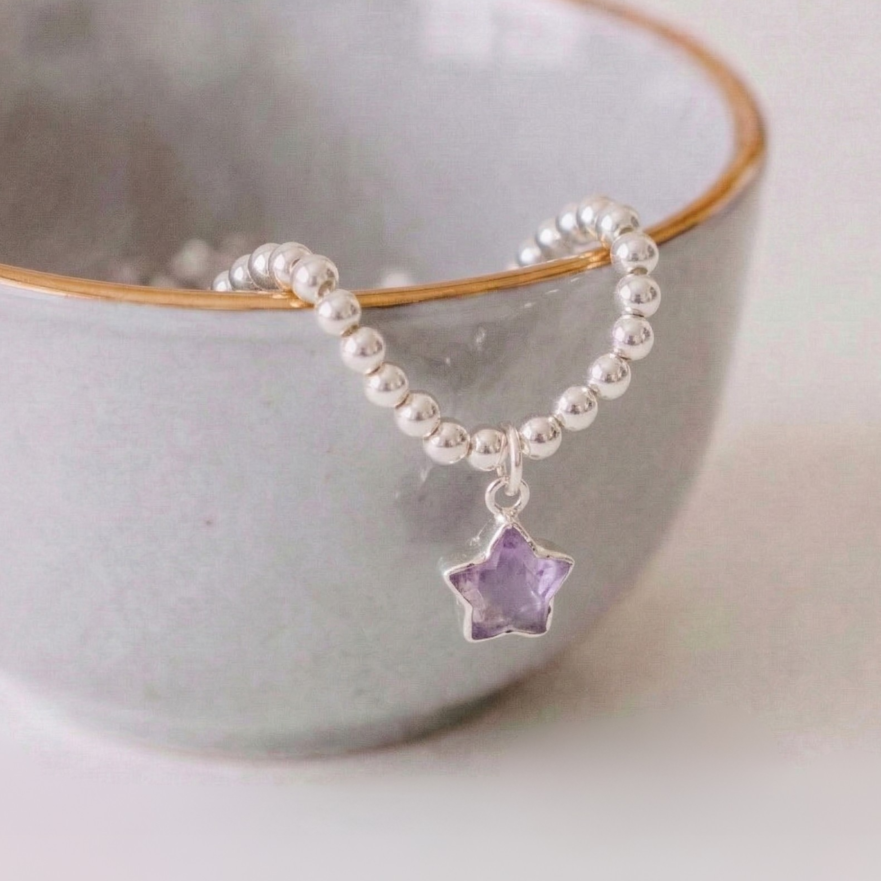Amethyst star charm bracelet with sterling silver beads, gemstone bracelet UK