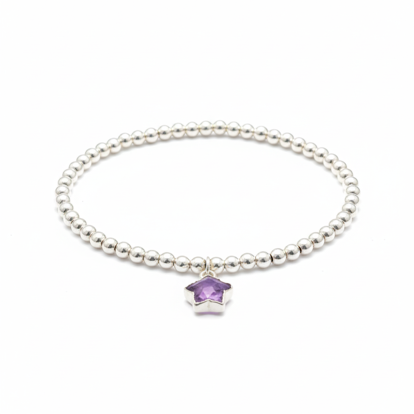 Sterling silver amethyst star charm bracelet featuring February birthstone gemstone