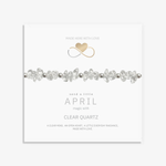 April birthstone bracelet with clear quartz charm on message card, sterling silver jewellery UK