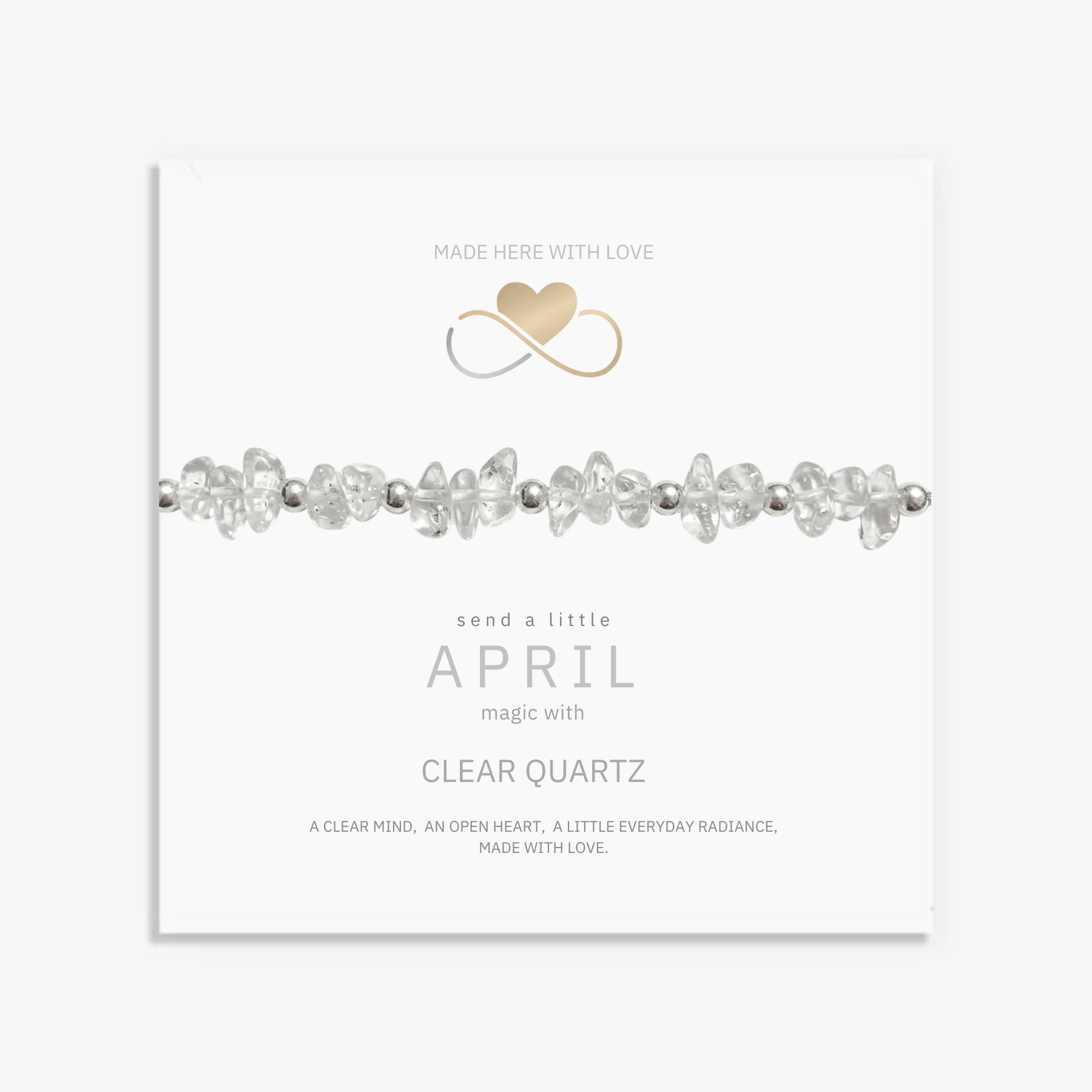 April birthstone bracelet with clear quartz charm on message card, sterling silver jewellery UK