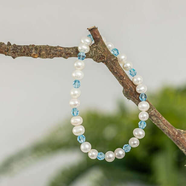 Aquamarine Crystal and Pearl Bracelet - Made Here with Love