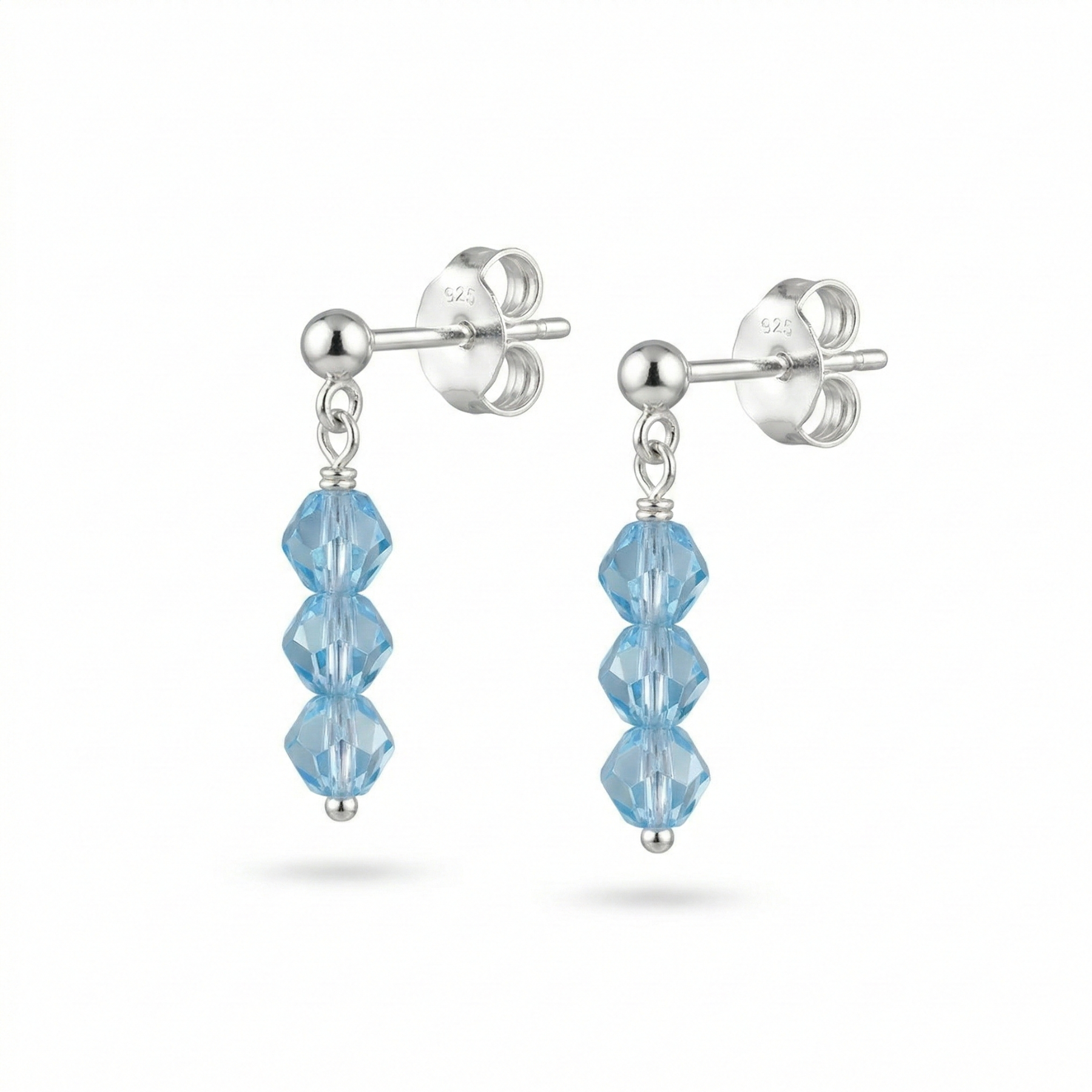 Aquamarine bead drop earrings in sterling silver, March birthstone jewellery UK