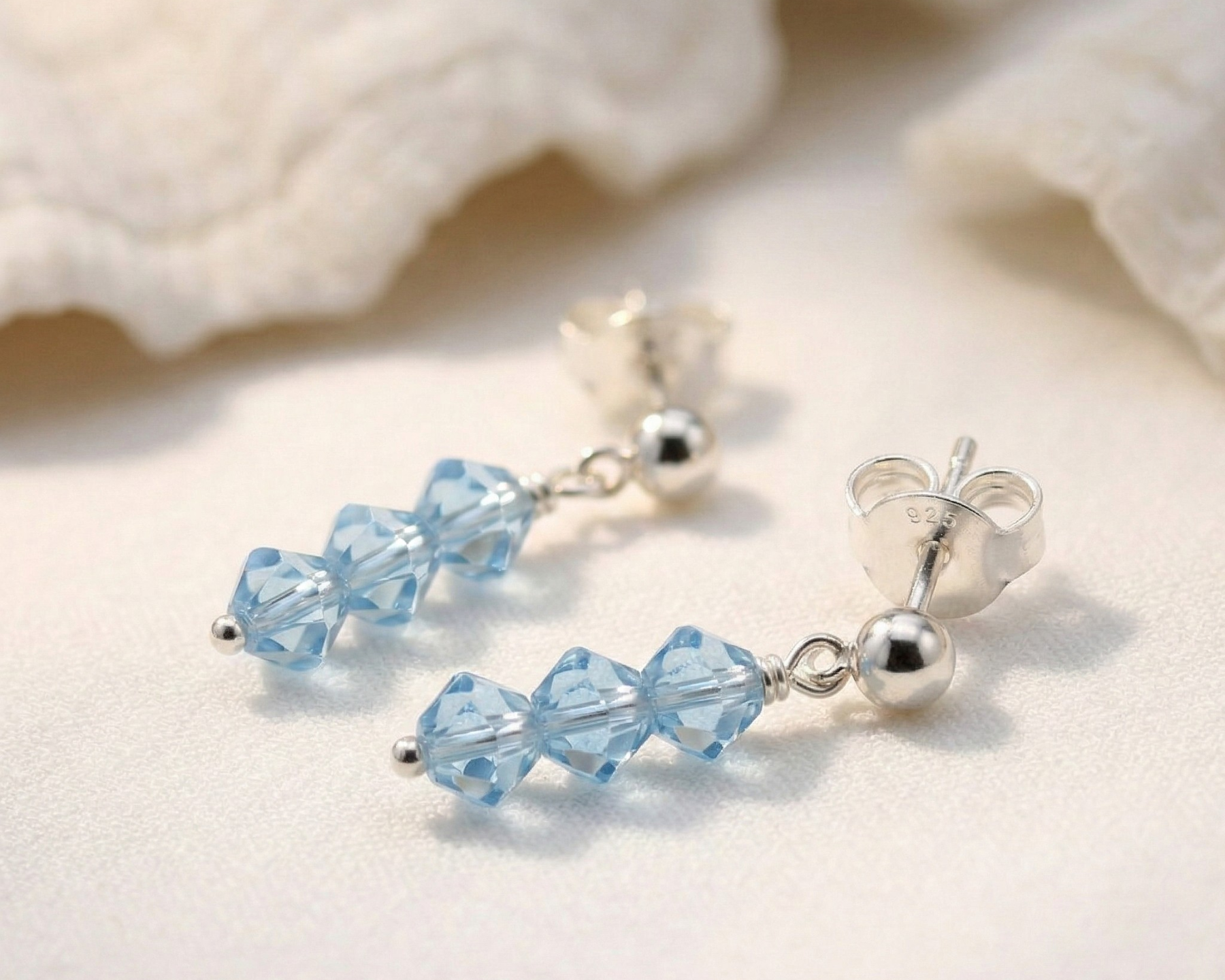 Aquamarine bead earrings in sterling silver, blue gemstone drop earrings UK