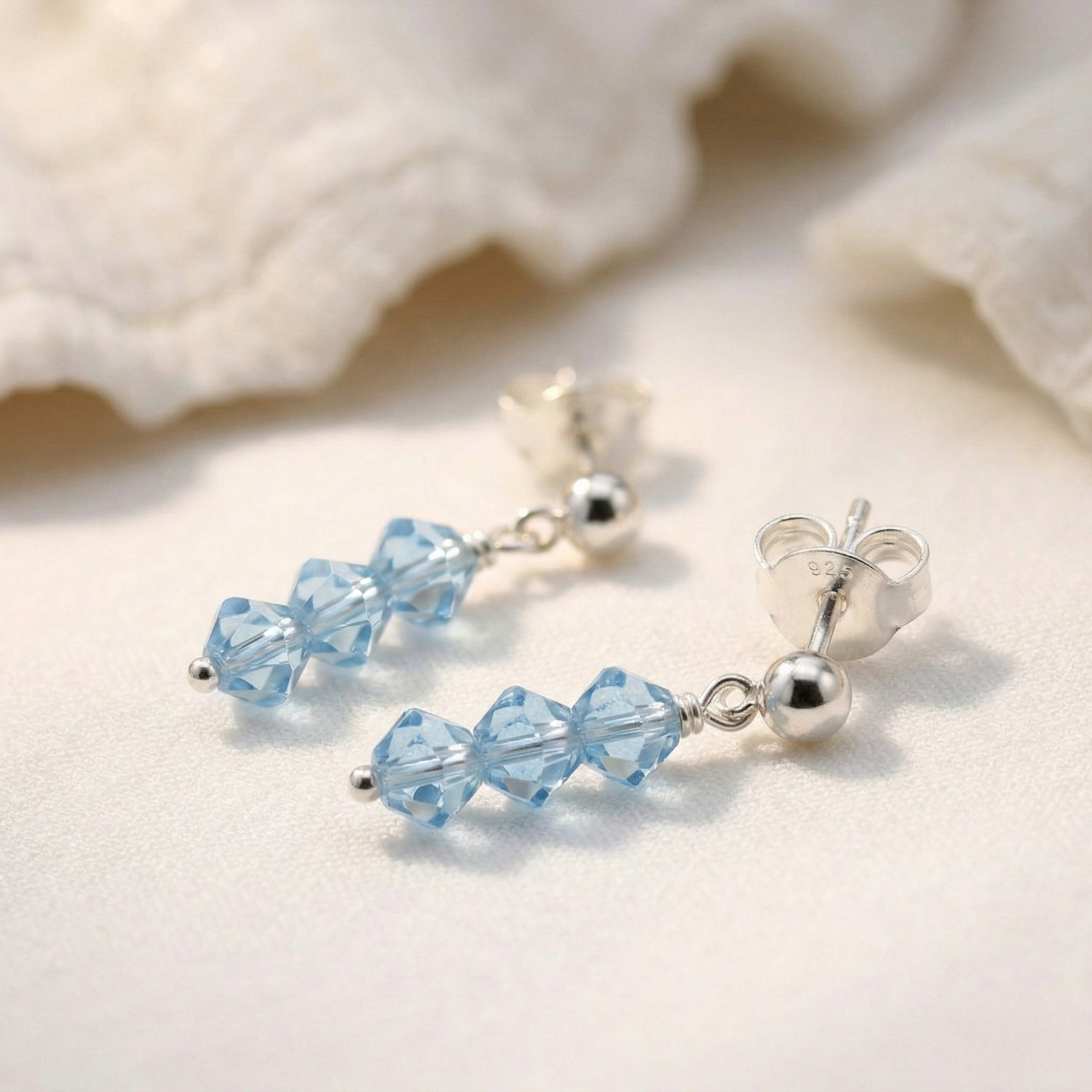 Aquamarine bead earrings in sterling silver, blue gemstone drop earrings UK