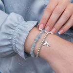 Aquamarine crystal bead bracelet with fairy charm, stretch gemstone jewellery UK