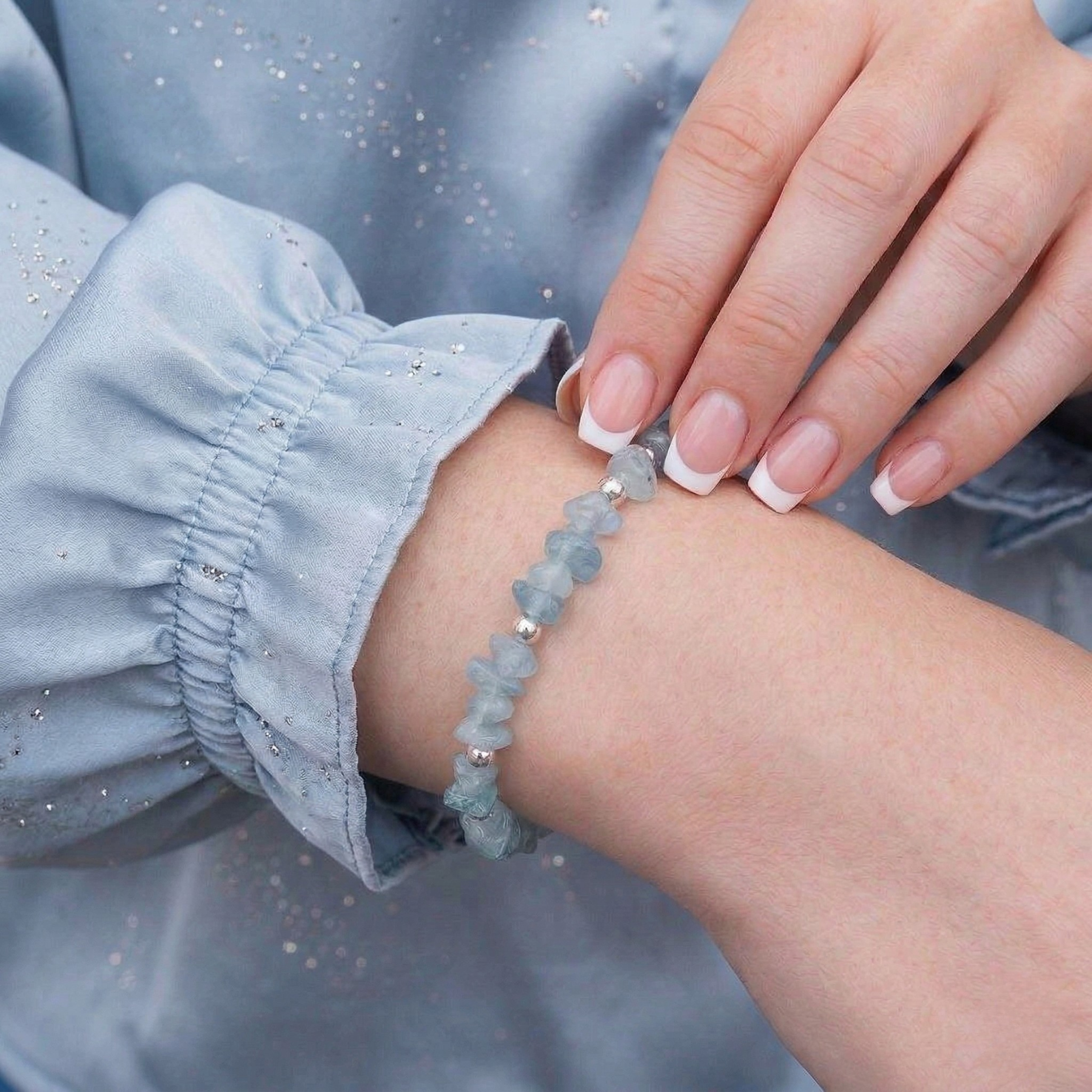 Aquamarine crystal bracelet in light blue tones, stretch gemstone bracelet UK