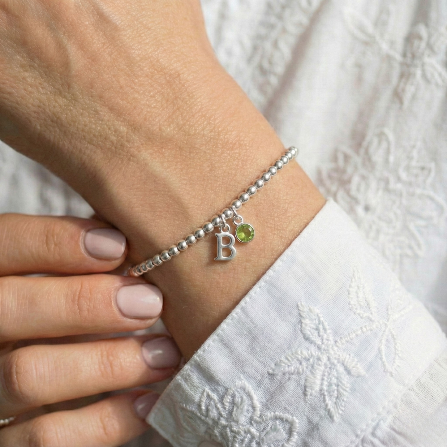 Initial & August Birthstone Bracelet | Personalised Stretch Bead Bracelet