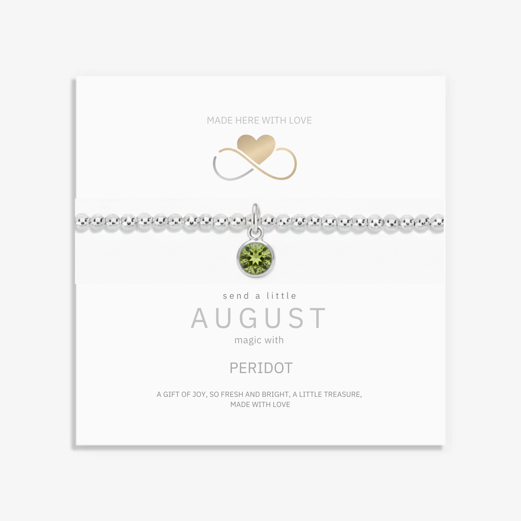August birthstone bracelet with peridot charm and sterling silver beads UK