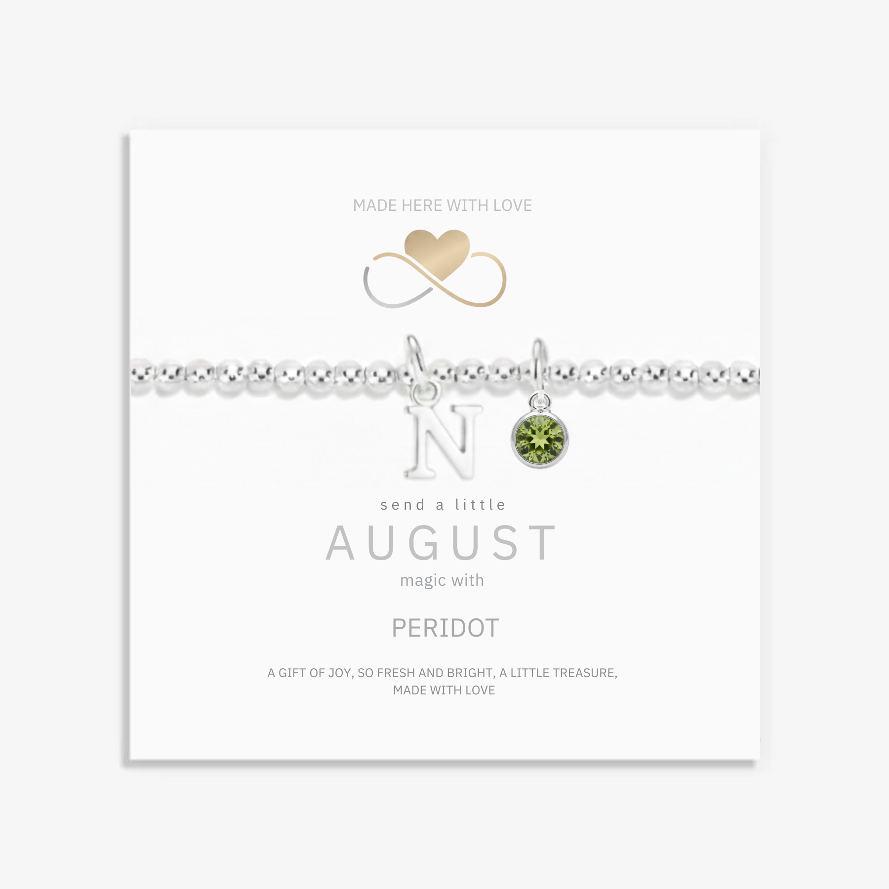 August birthstone bracelet featuring peridot gemstone and sterling silver beads, meaningful birthday jewellery gift.