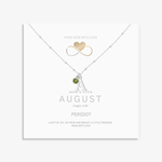August birthstone gift card with initial letter charm and peridot gemstone, personalised birthday jewellery ready to gift.