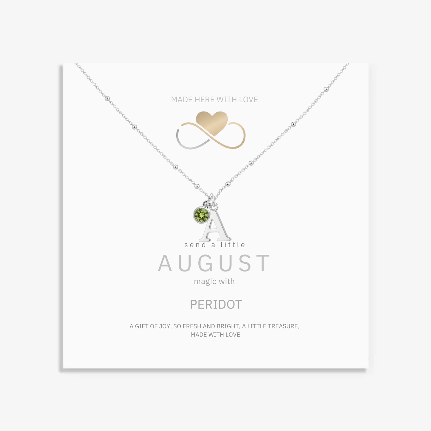 August birthstone gift card with initial letter charm and peridot gemstone, personalised birthday jewellery ready to gift.