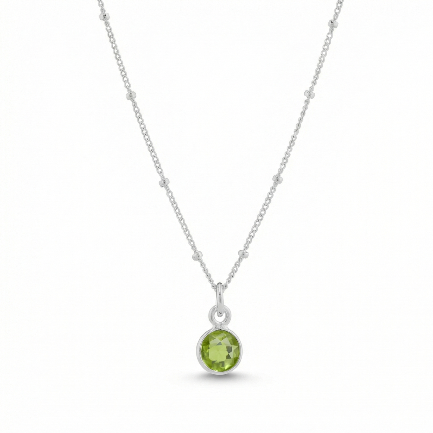 August birthstone necklace with peridot charm on a fine sterling silver chain