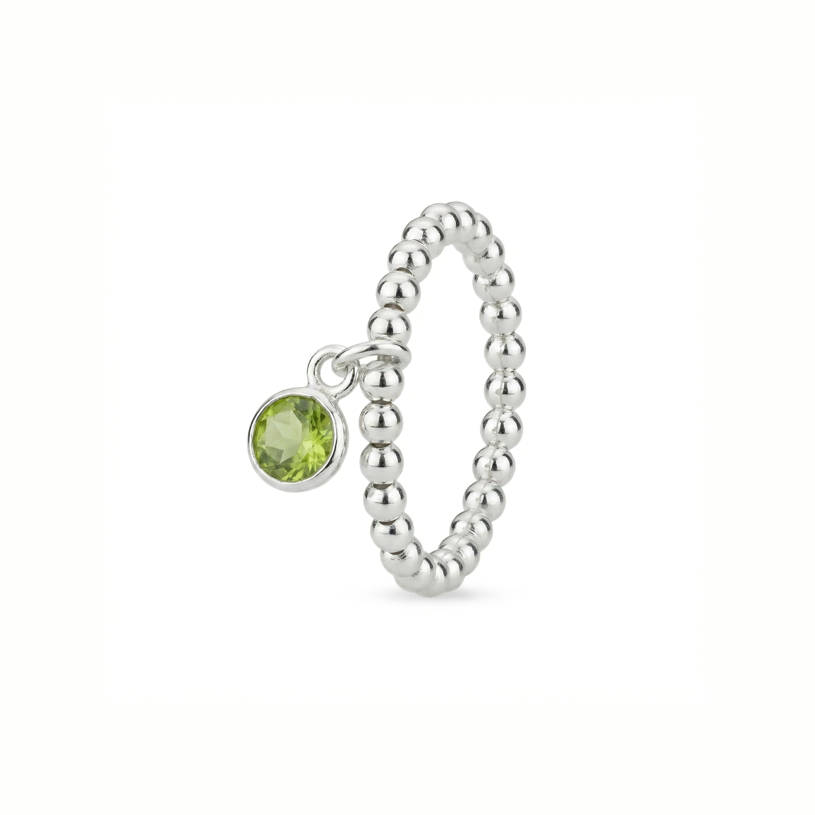 August birthstone peridot ring in sterling silver, featuring a green gemstone detail.
