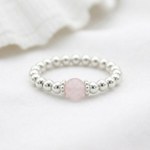 Rose quartz bead ring in sterling silver, stretchy gemstone stacking ring UK