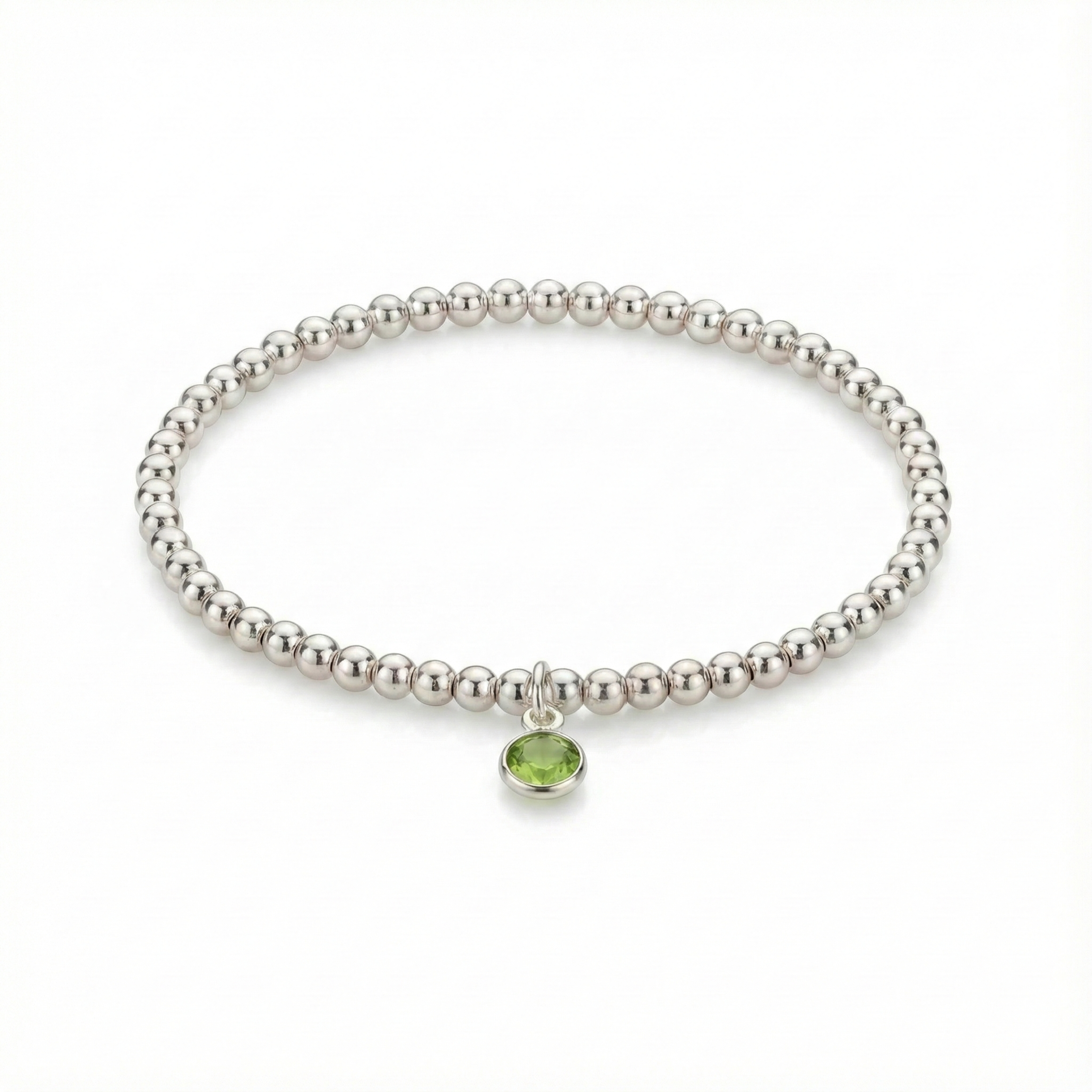 August birthstone beaded bracelet in sterling silver with peridot gemstone detail.
