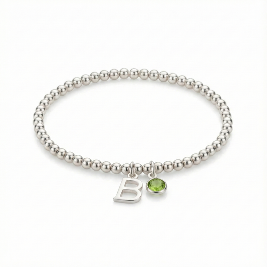 Initial & August Birthstone Bracelet | Personalised Stretch Bead Bracelet