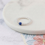 Blue gemstone ring in sterling silver, stretchy bead ring for everyday wear UK