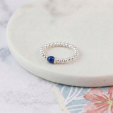 Blue gemstone ring in sterling silver, stretchy bead ring for everyday wear UK