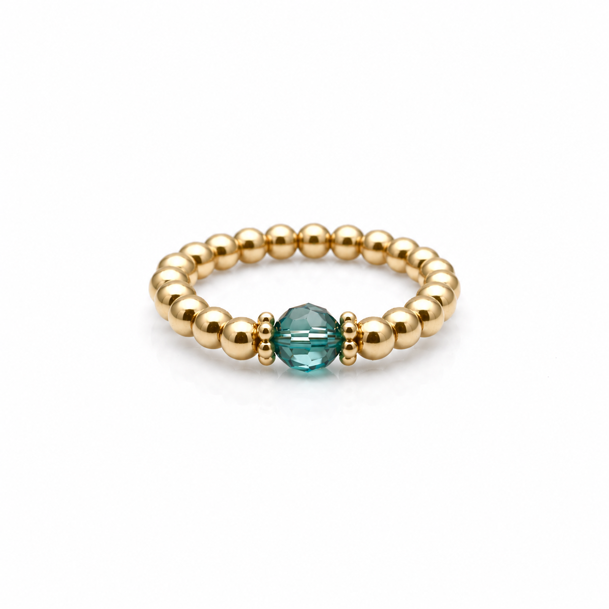 Handmade blue zircon crystal bead ring with gold filled beads, December birthstone ring by Made Here with Love
