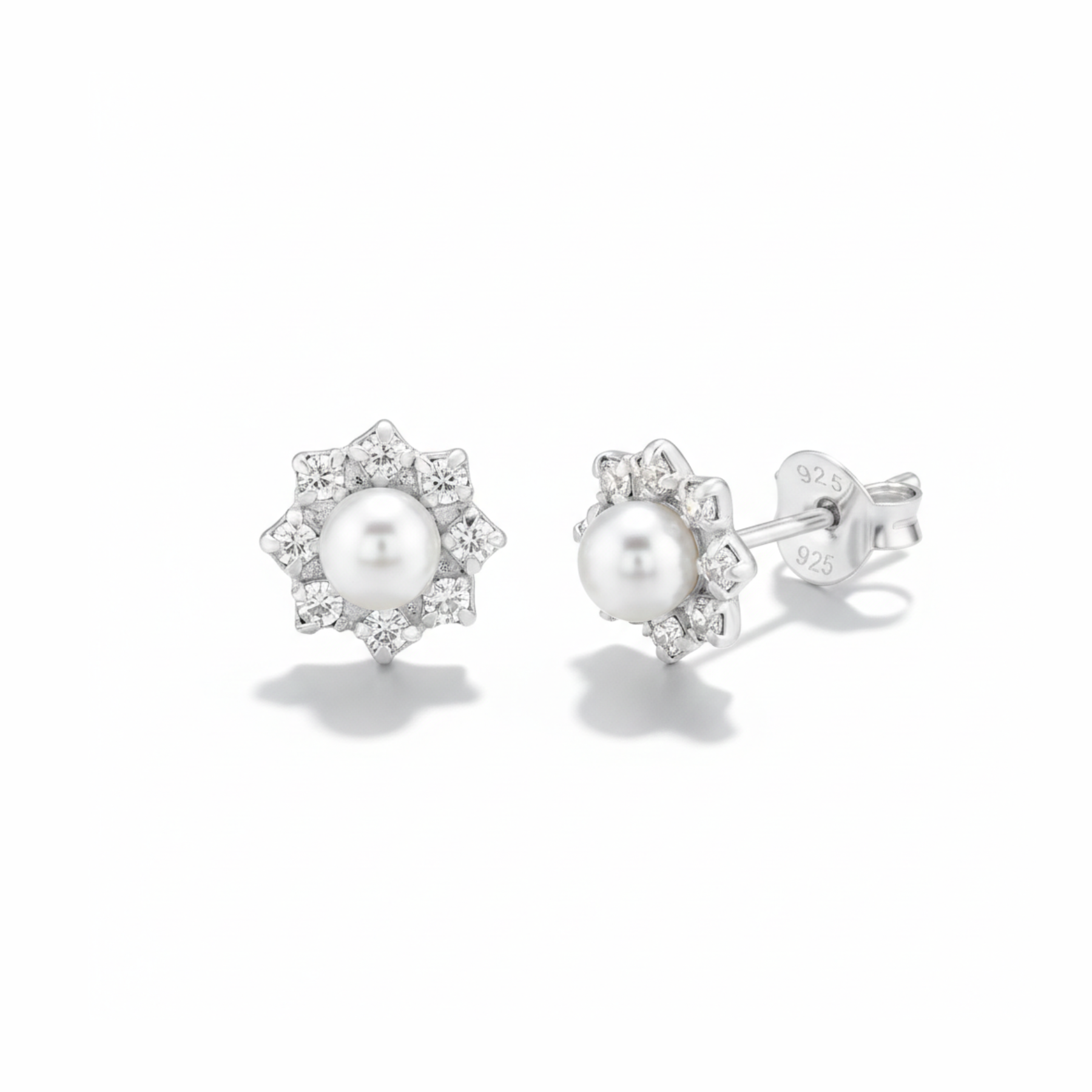 Elegant sterling silver pearl stud earrings for bridesmaids and bridal parties, timeless wedding jewellery gift with classic ivory pearls.