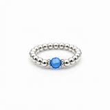 capri blue crystal ring with a faceted blue gemstone set on a sterling silver bead ring.