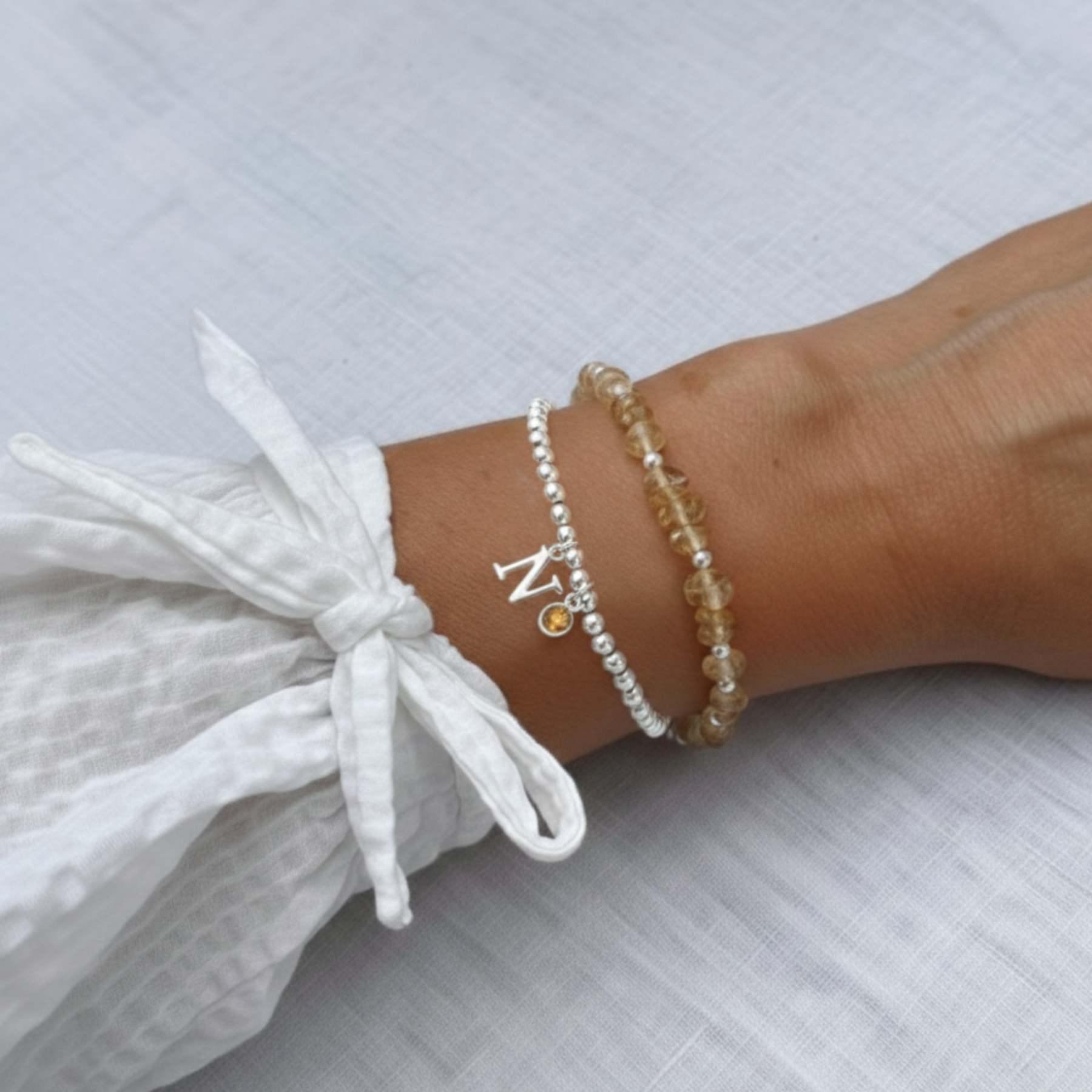 Citrine November birthstone and initial bracelet in sterling silver, personalised birthday gift for her
