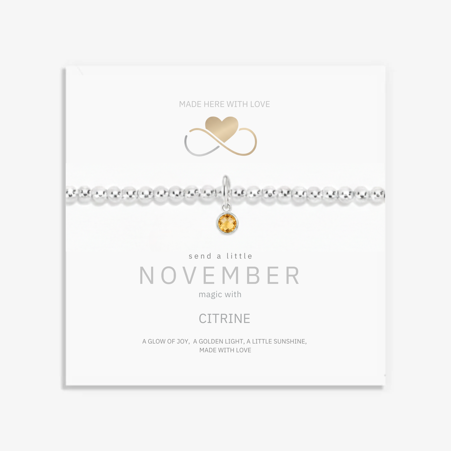 November birthstone bracelet with citrine charm and sterling silver beads, handmade UK