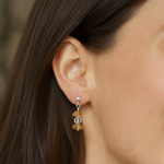 Citrine November birthstone earrings worn on ear in sterling silver, elegant golden gemstone jewellery gift for her.