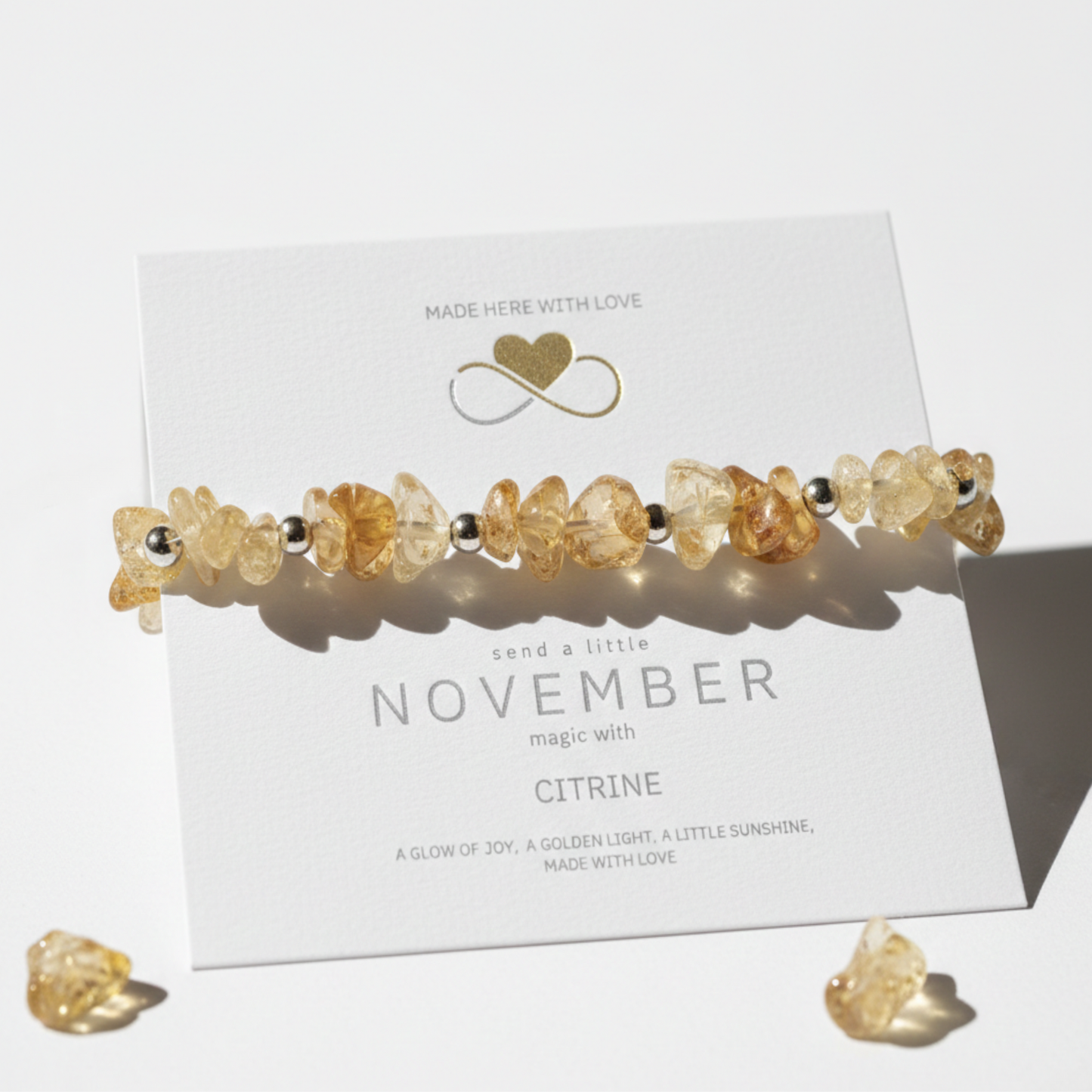 November birthstone citrine chip bead stretch bracelet design with natural gemstone detail