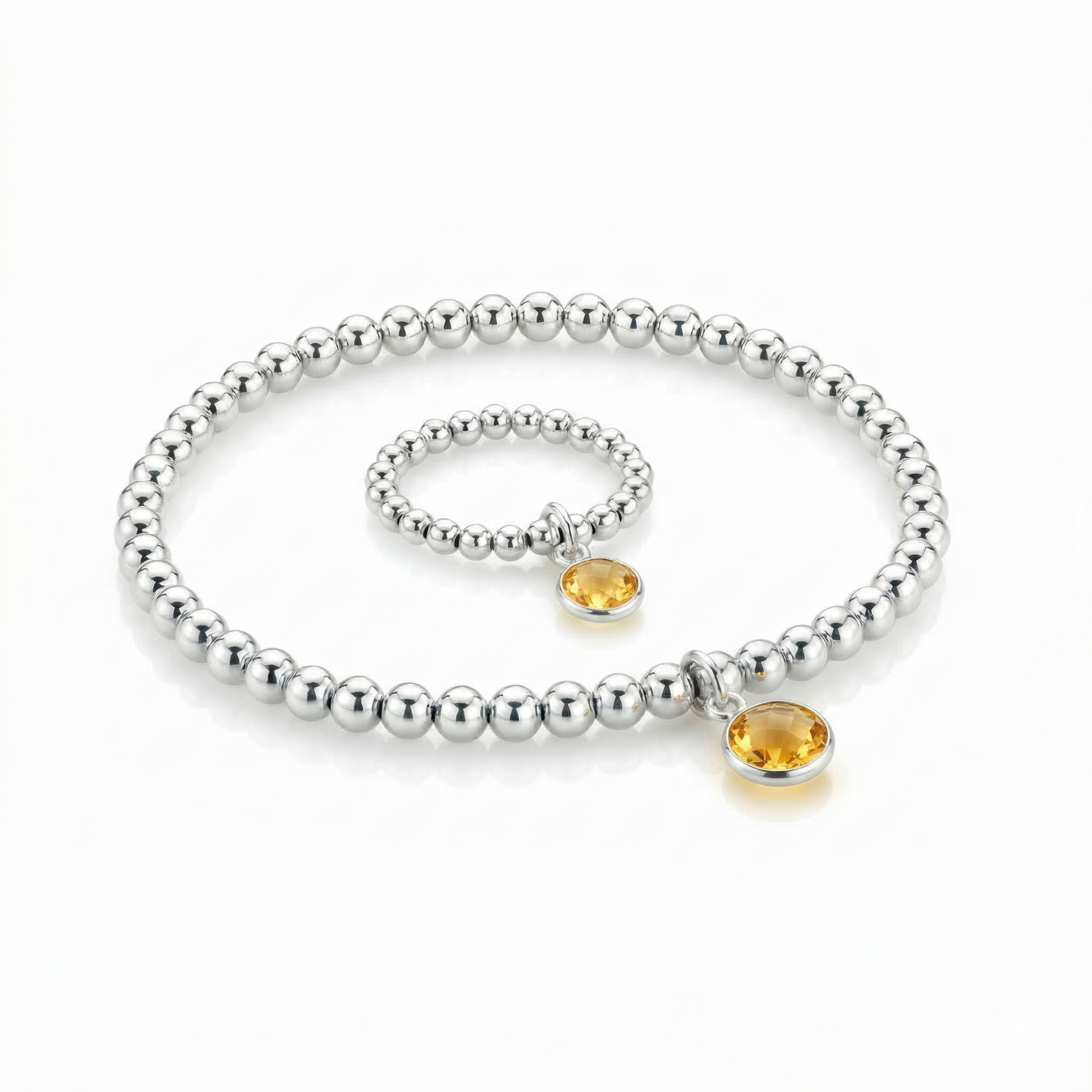 Citrine November birthstone ring and bracelet set with sterling silver beads, handmade jewellery UK