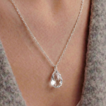 Modern clear crystal drop pendant necklace in sterling silver, minimalist jewellery UK
