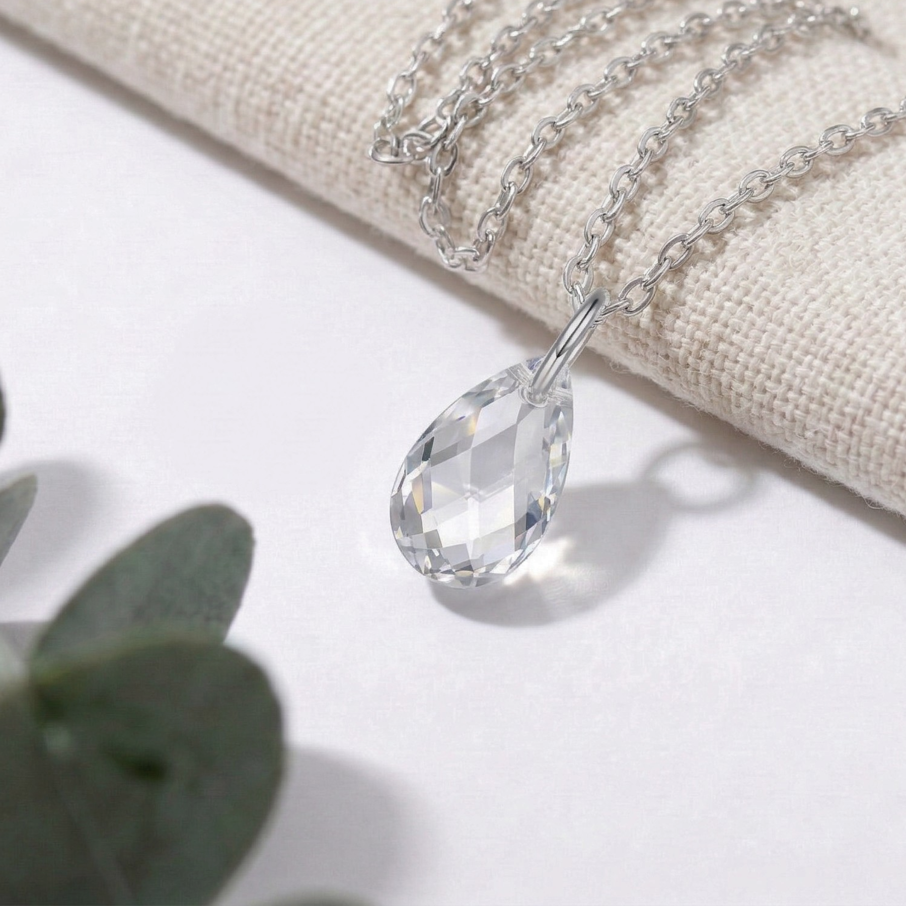 Clear crystal drop pendant necklace in sterling silver, minimalist necklace UK