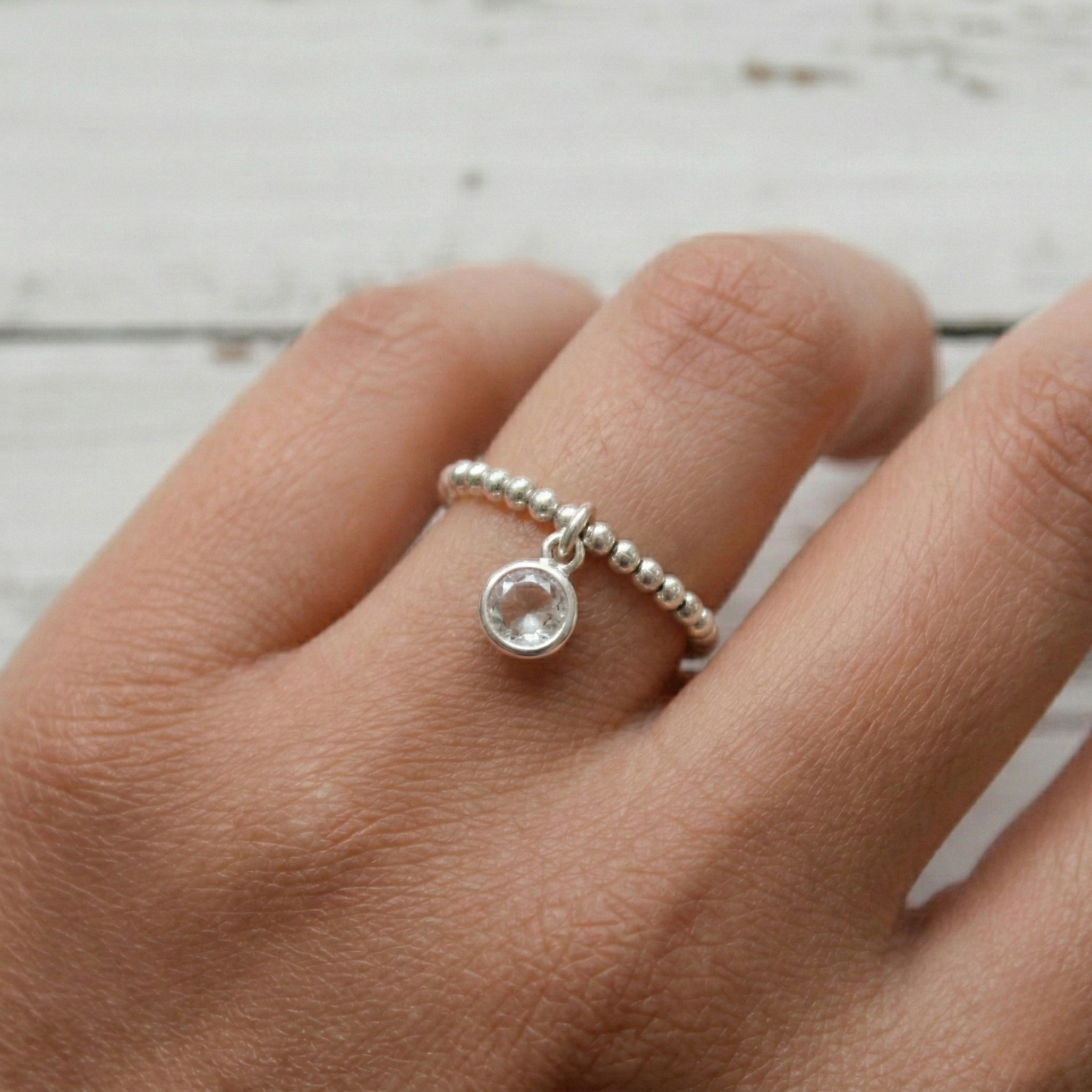 Clear quartz gemstone ring with sterling silver beads, stretch stacking ring UK