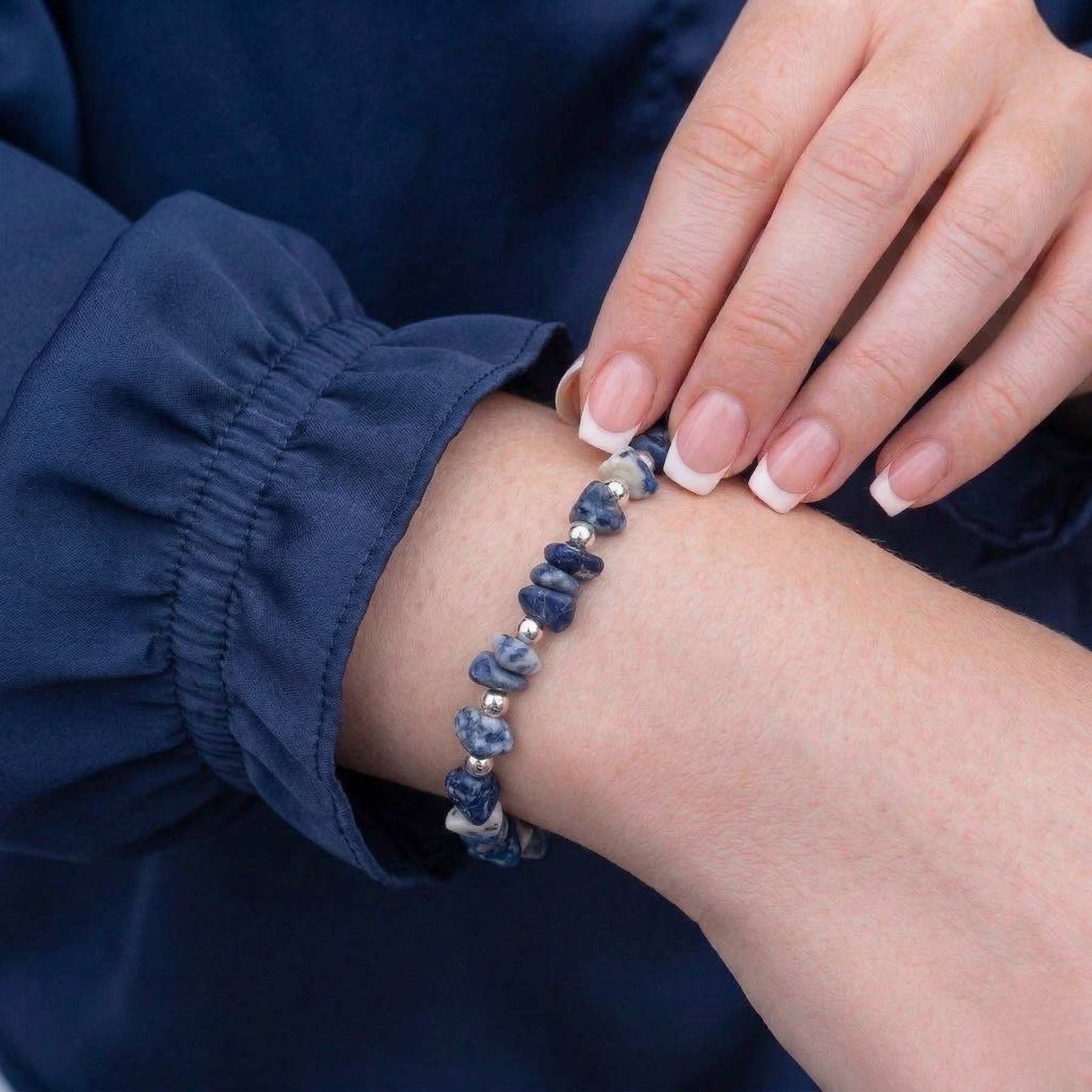 Dark blue gemstone beaded bracelet, stretch bead bracelet for stacking UK
