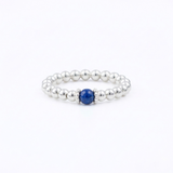 Dark blue gemstone beaded ring in sterling silver, stretch stacking ring UK