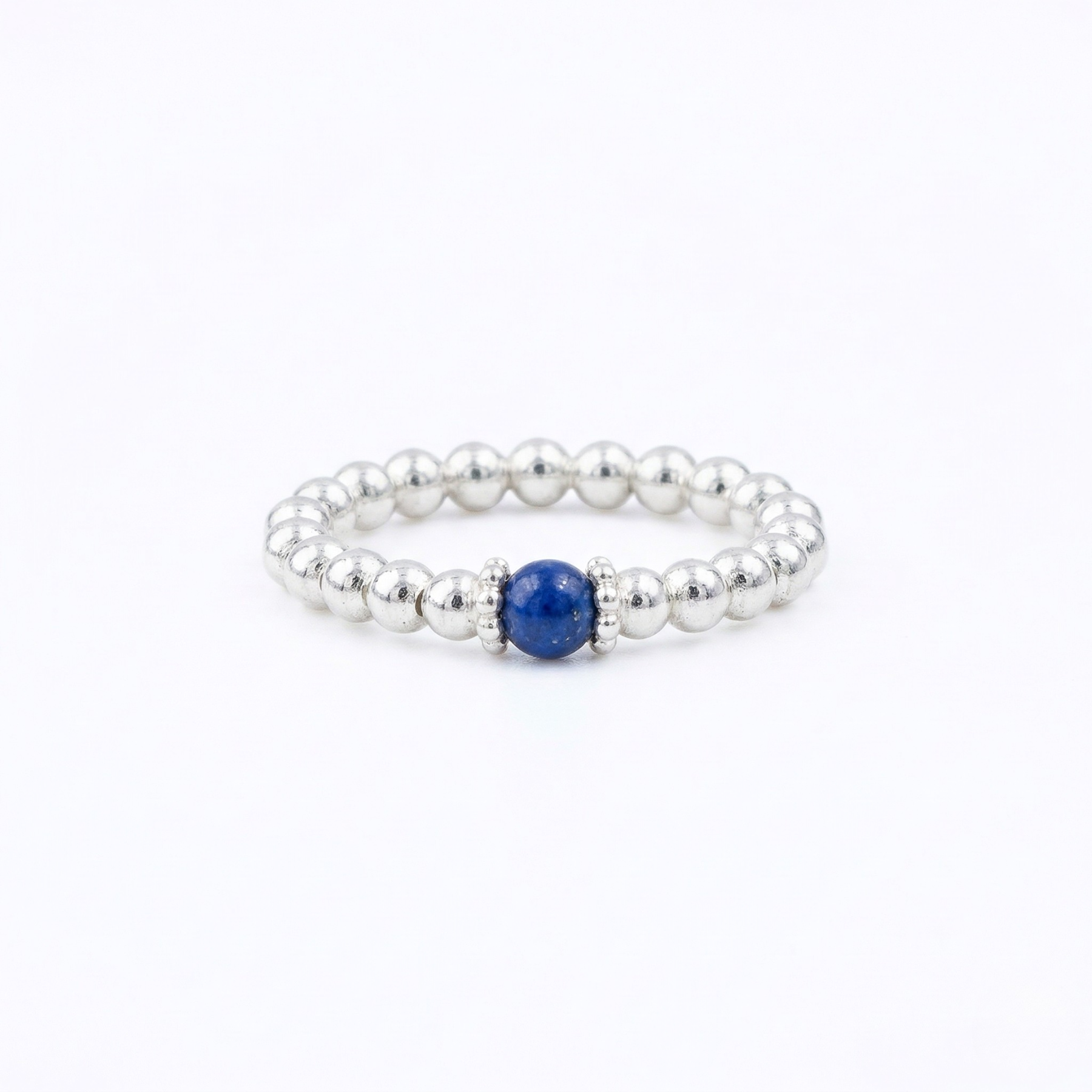 Dark blue gemstone beaded ring in sterling silver, stretch stacking ring UK