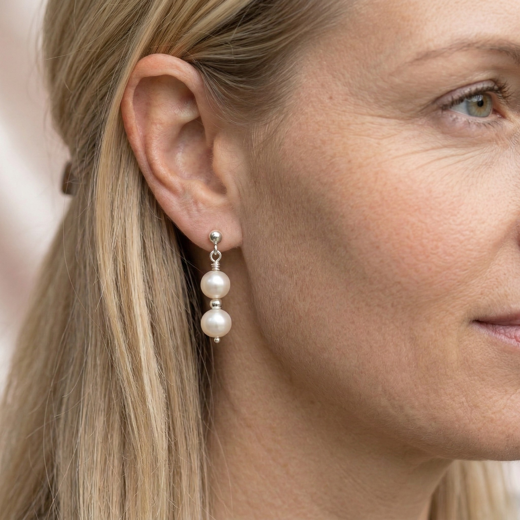 Double pearl drop earrings in sterling silver, bridal jewellery UK
